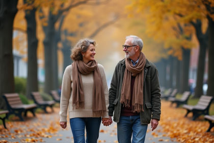 Couple d'automne marchant dans un parc avec feuilles