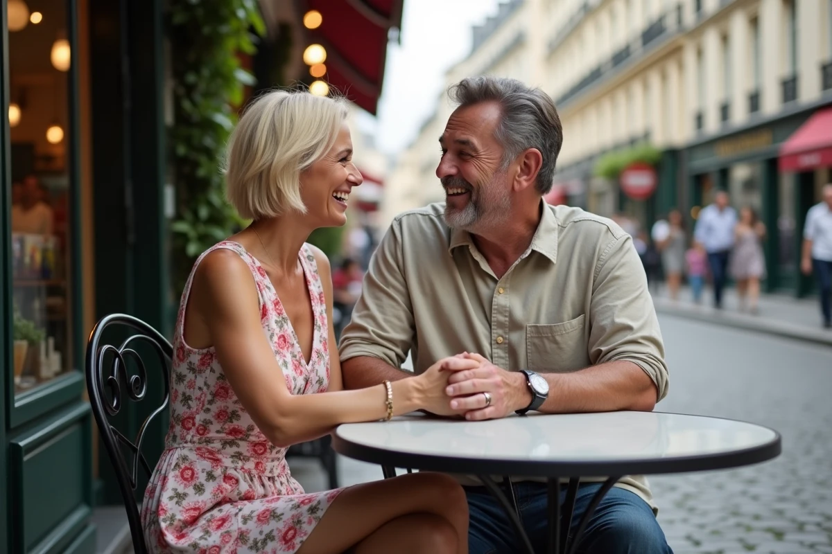 Couple élégant riant ensemble à la terrasse d'un café parisien