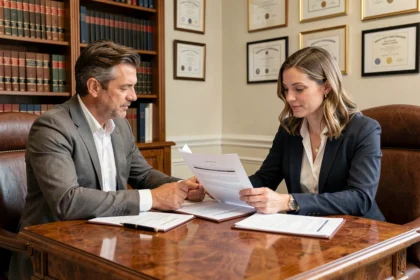 Couple marié en consultation juridique avec un notaire pour la création d'une société sous régime de communauté