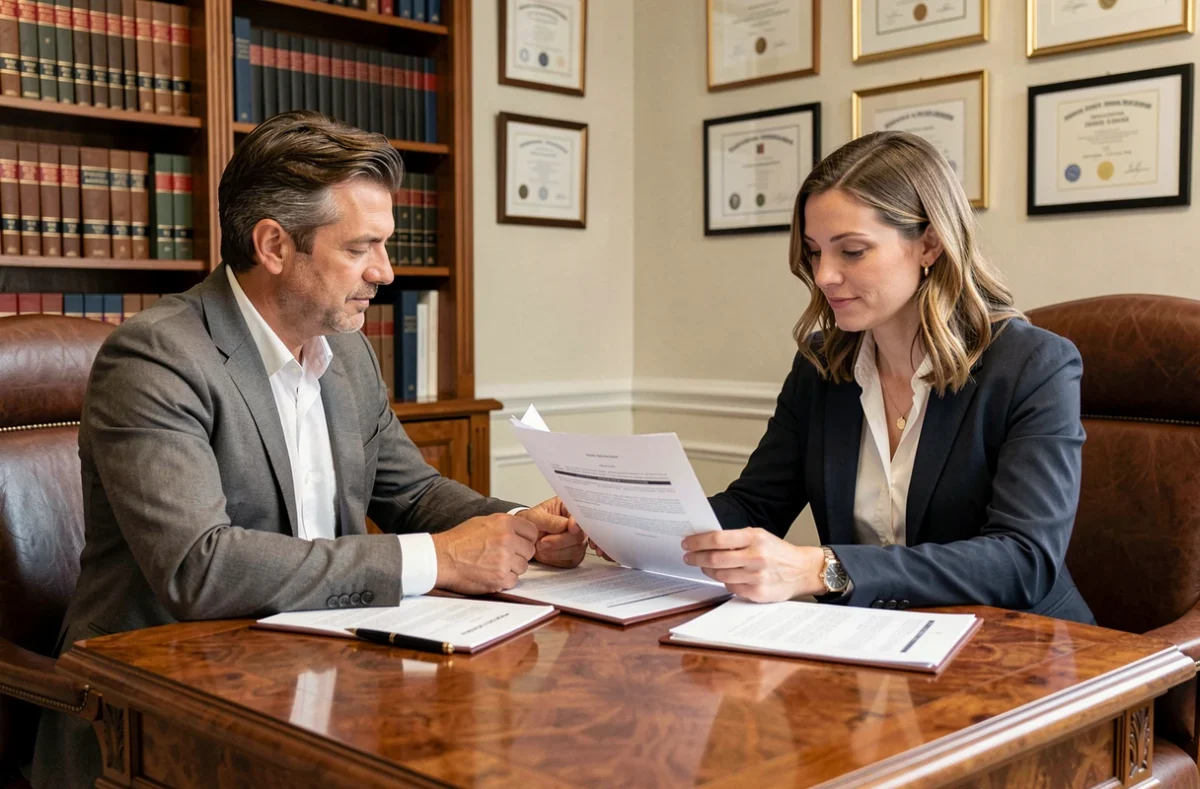 Couple marié en consultation juridique avec un notaire pour la création d'une société sous régime de communauté