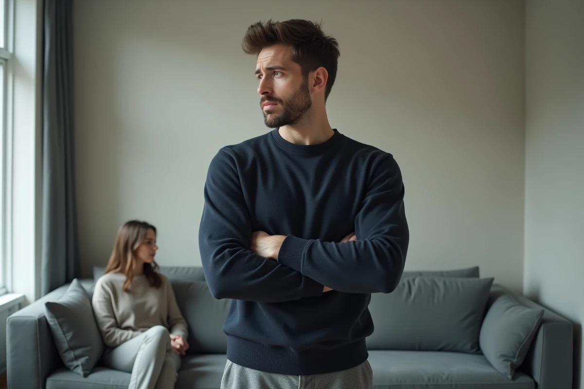 Couple en tension dans un appartement, homme ignorant sa partenaire après une dispute, distance émotionnelle visible