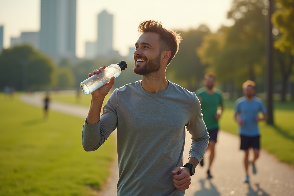 Homme courant dans parc urbain au petit matin
