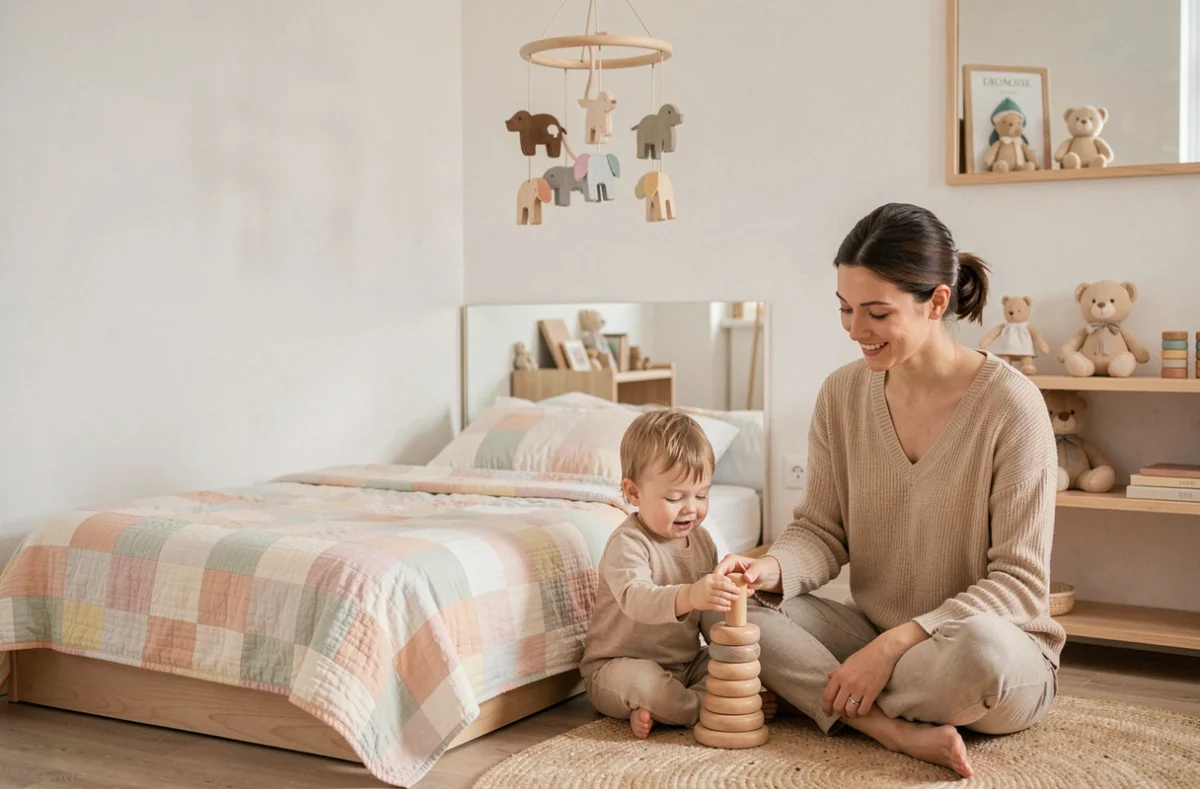 Espace crèche de la Crèche Montessori l'Art de Grandir Lolipop avec une puéricultrice accompagnant un bébé dans un environnement épuré