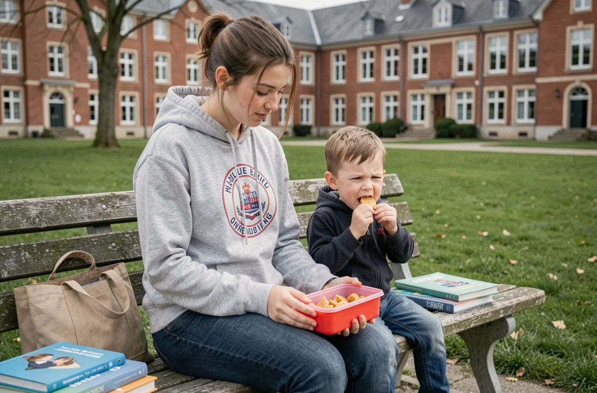 Une étudiante proposant un service de baby-sitting via le CROUS surveille un enfant sur un banc du campus universitaire du nord de la France