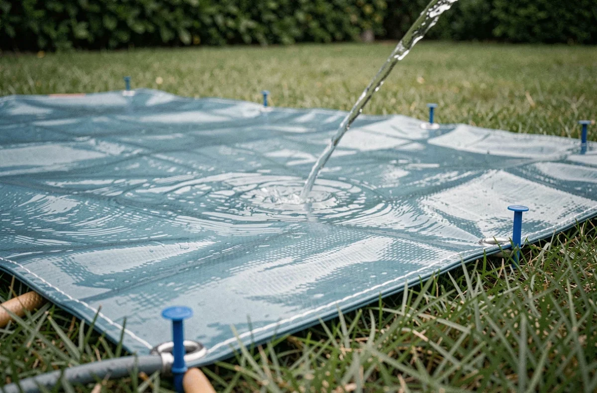 Gros plan sur la texture et les bords renforcés d'une bâche de ventriglisse en PVC
