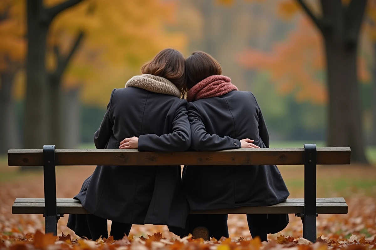 Deux sœurs assises sur un banc en automne se soutenant mutuellement dans leur deuil après la perte de leur tante
