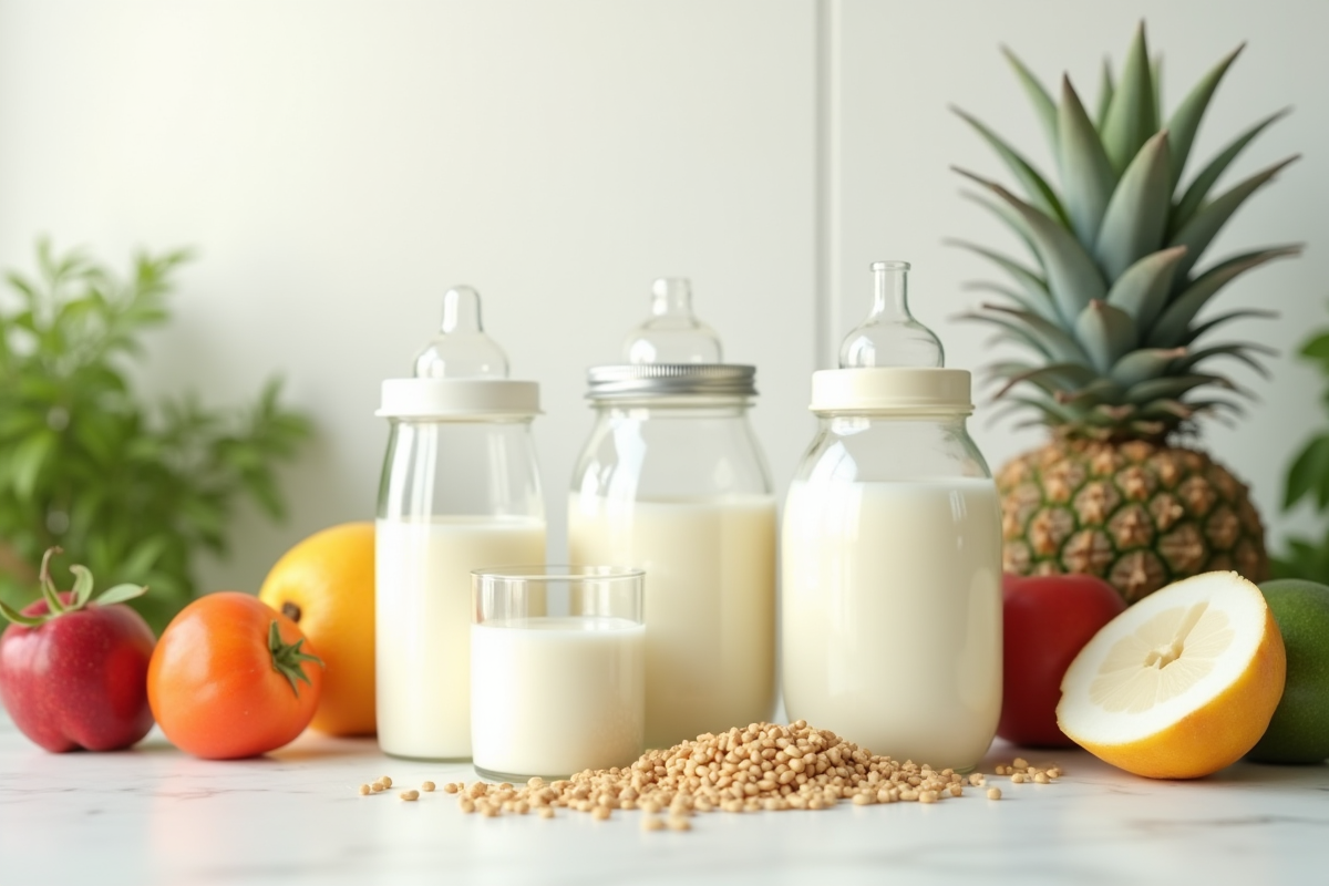 Différents types de lait pour bébé avec fruits et céréales sur une table propre