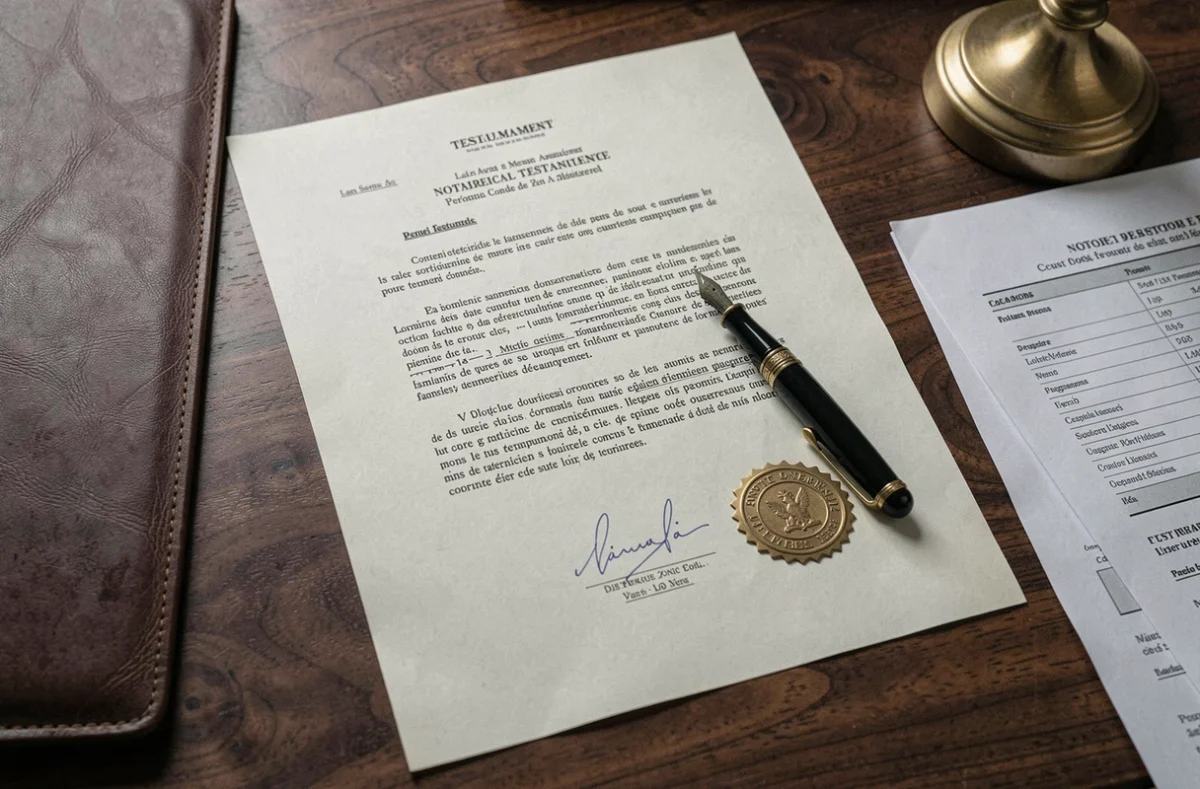 Gros plan sur un testament notarié français avec cachet officiel, signature et stylo plume sur un bureau en noyer