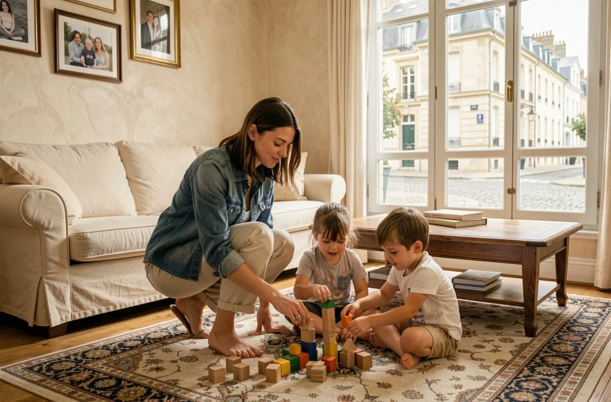 Une baby-sitter Dom & Kid joue avec deux enfants avec des blocs de construction dans un salon familial du nord de la France
