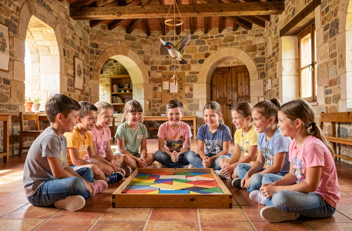 Groupe d'élèves de l'école Les Colibris travaillant ensemble sur des puzzles géométriques dans une salle à l'architecture méditerranéenne