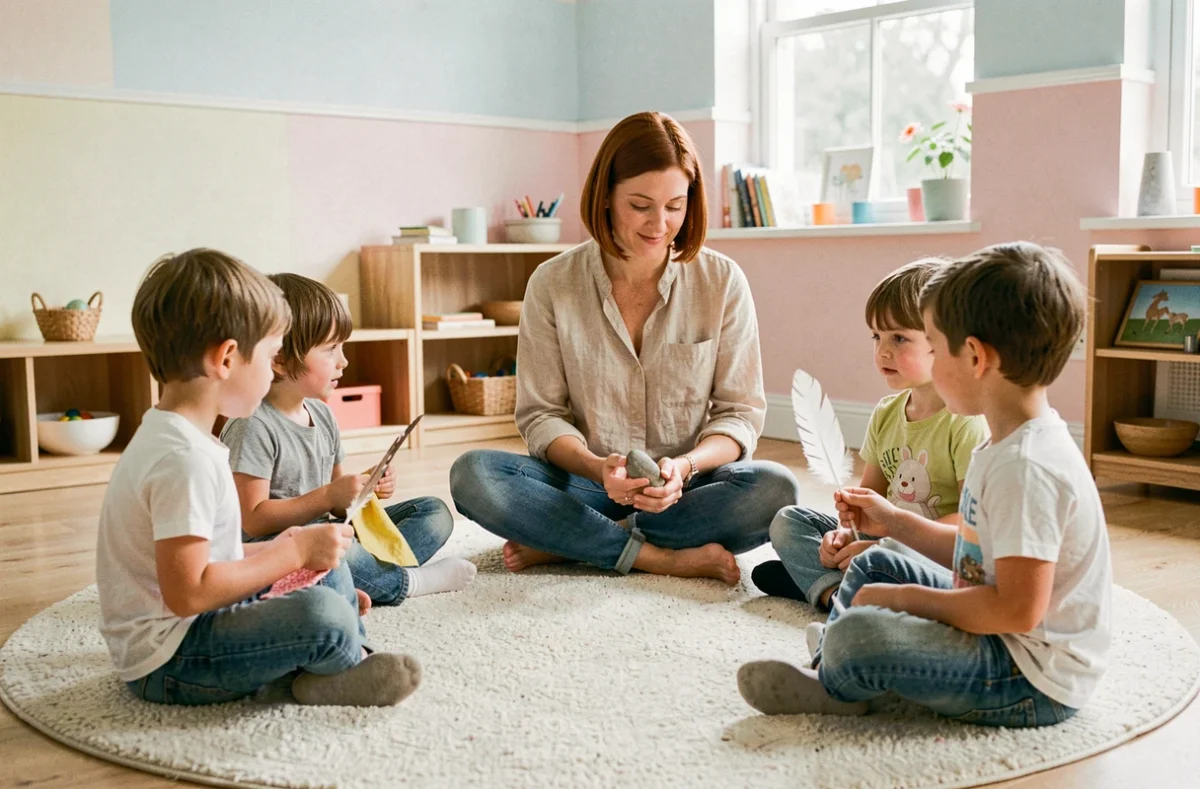 Enseignante Montessori et enfants en cercle sensoriel dans la classe de l'école Es en Ciel