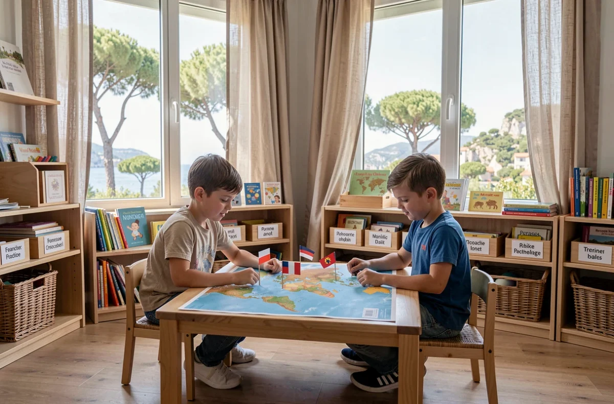 Deux élèves de l'école internationale Montessori de Juan-les-Pins explorant une carte du monde bilingue dans une classe lumineuse