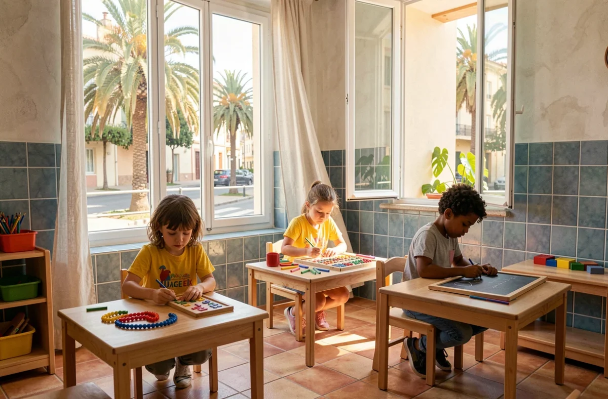 Trois élèves de l'École Montessori de Nice travaillant de façon autonome dans une classe lumineuse avec vue sur Nice