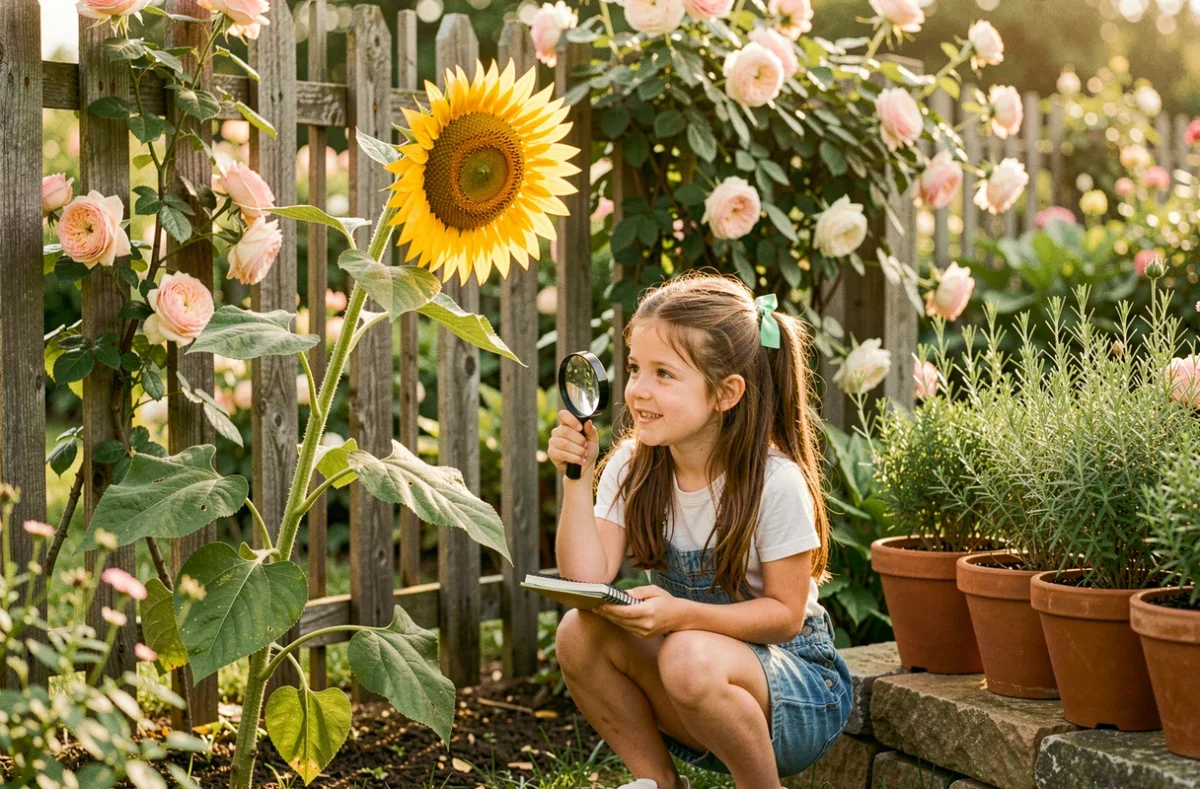 Élève de l'école Montessori Graine d'Étoile observant un tournesol dans le jardin pédagogique de l'école
