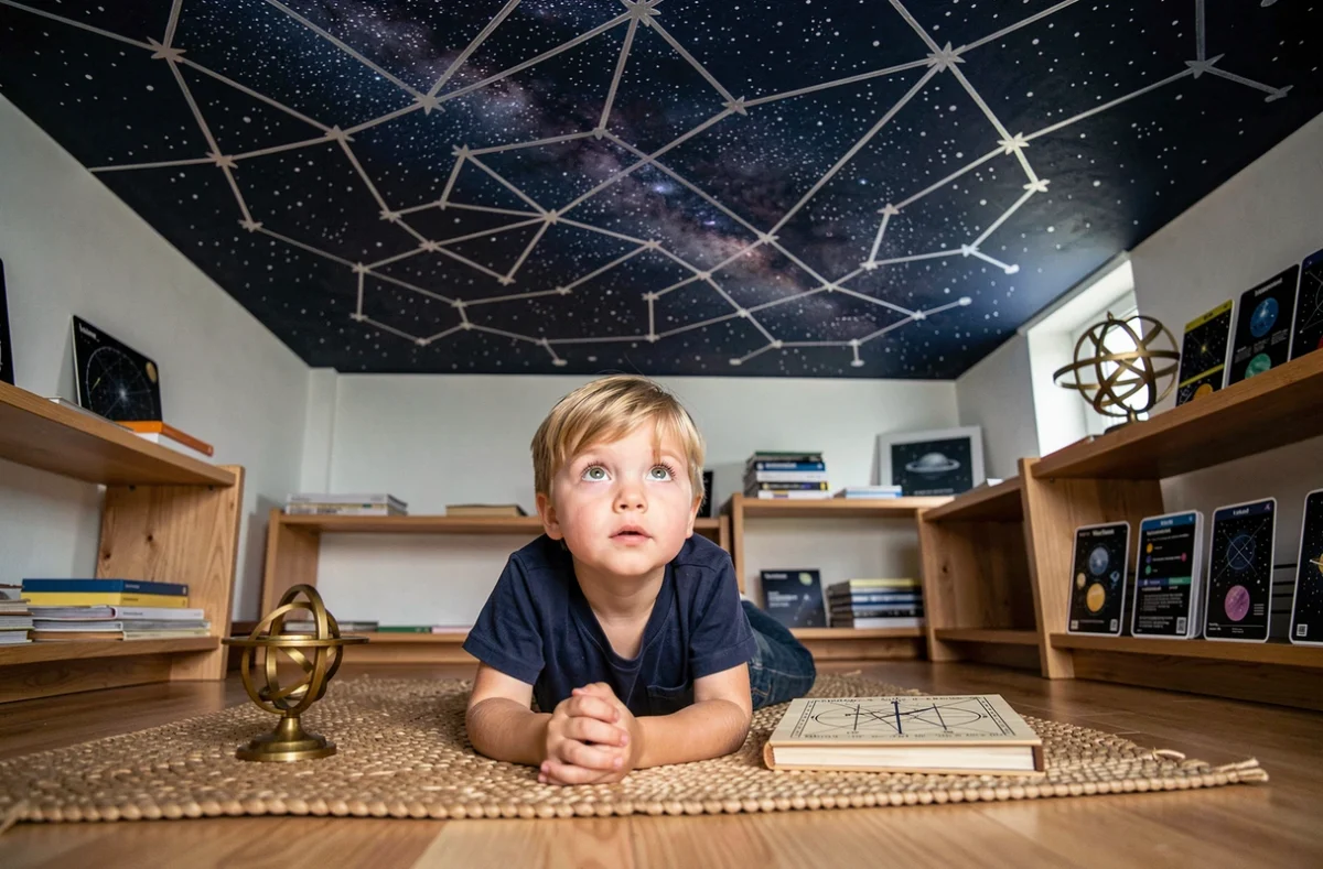 Enfant de l'école Montessori Poussières d'Étoiles contemplant une fresque de ciel étoilé peinte au plafond de la classe