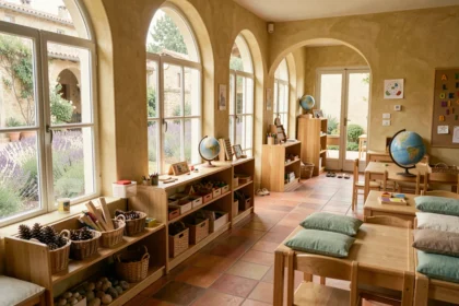 Salle de classe Montessori lumineuse en Provence avec matériaux pédagogiques en bois et fenêtres donnant sur une cour ensoleillée