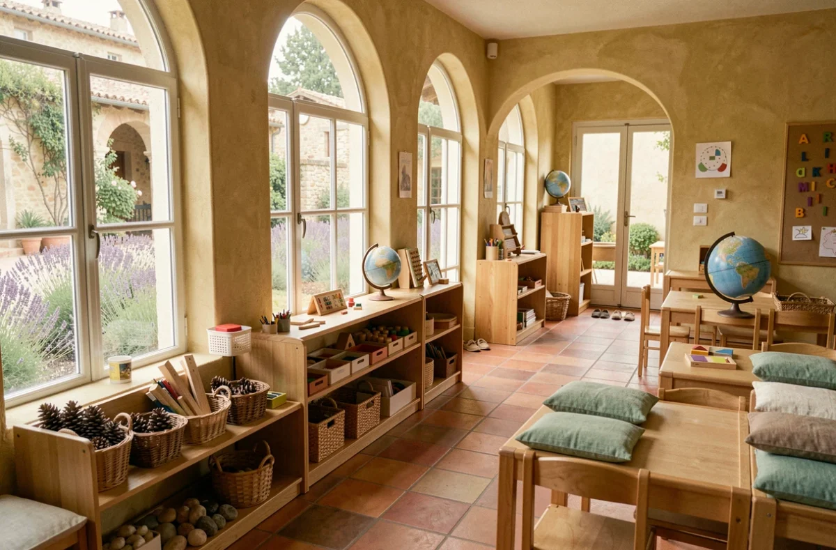 Salle de classe Montessori lumineuse en Provence avec matériaux pédagogiques en bois et fenêtres donnant sur une cour ensoleillée