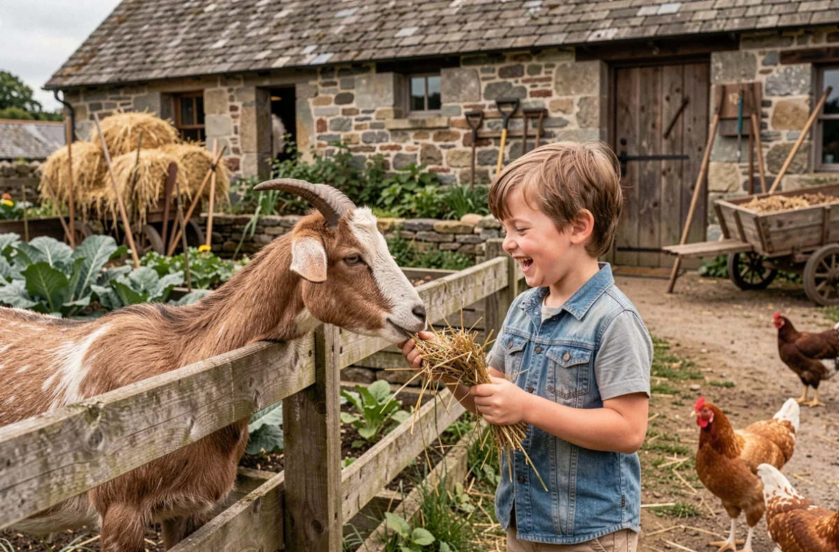 Enfant nourrissant une chèvre à la ferme de l'Écomusée de la Bintinais