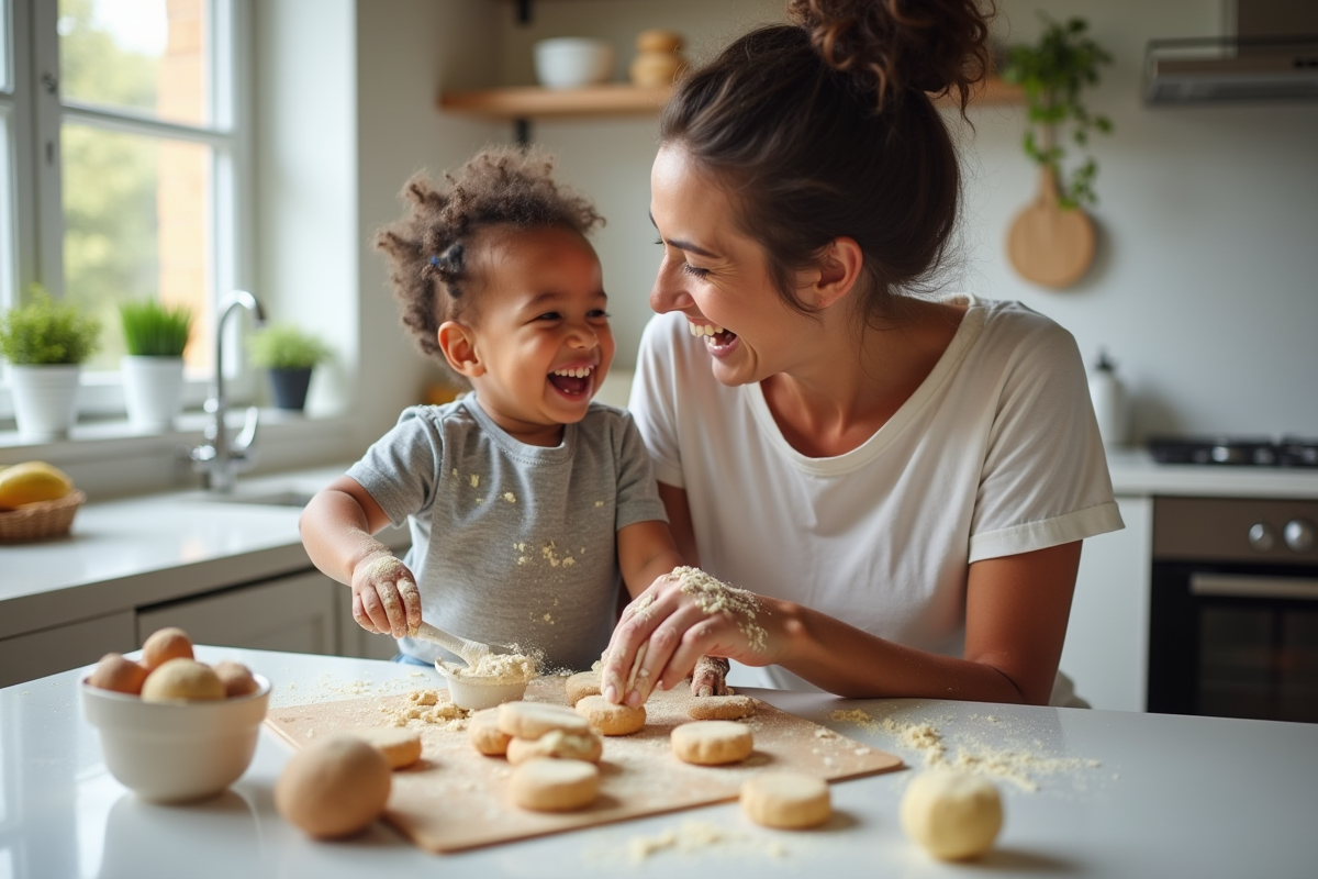 Enfant et parent riant en cuisinant des cookies dans la cuisine