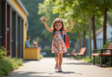 Enfant : où placer durant les vacances ? Conseils et solutions adaptés Jeune fille souriante faisant au revoir à ses parents à la crèche