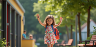 Enfant : où placer durant les vacances ? Conseils et solutions adaptés Jeune fille souriante faisant au revoir à ses parents à la crèche