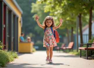 Enfant : où placer durant les vacances ? Conseils et solutions adaptés Jeune fille souriante faisant au revoir à ses parents à la crèche