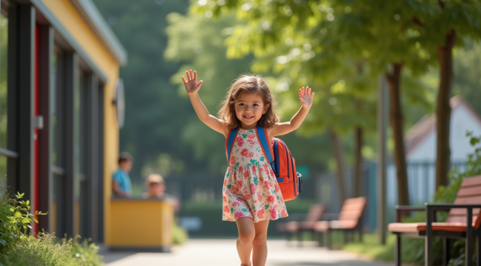 Enfant : où placer durant les vacances ? Conseils et solutions adaptés Jeune fille souriante faisant au revoir à ses parents à la crèche