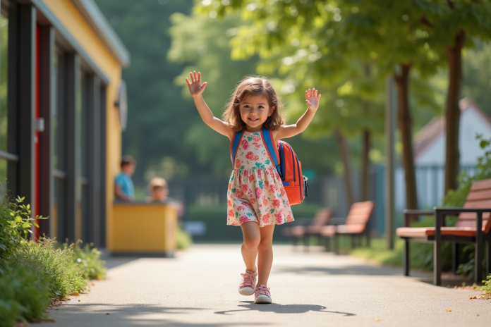enfant-depart-creche Jeune fille souriante faisant au revoir à ses parents à la crèche