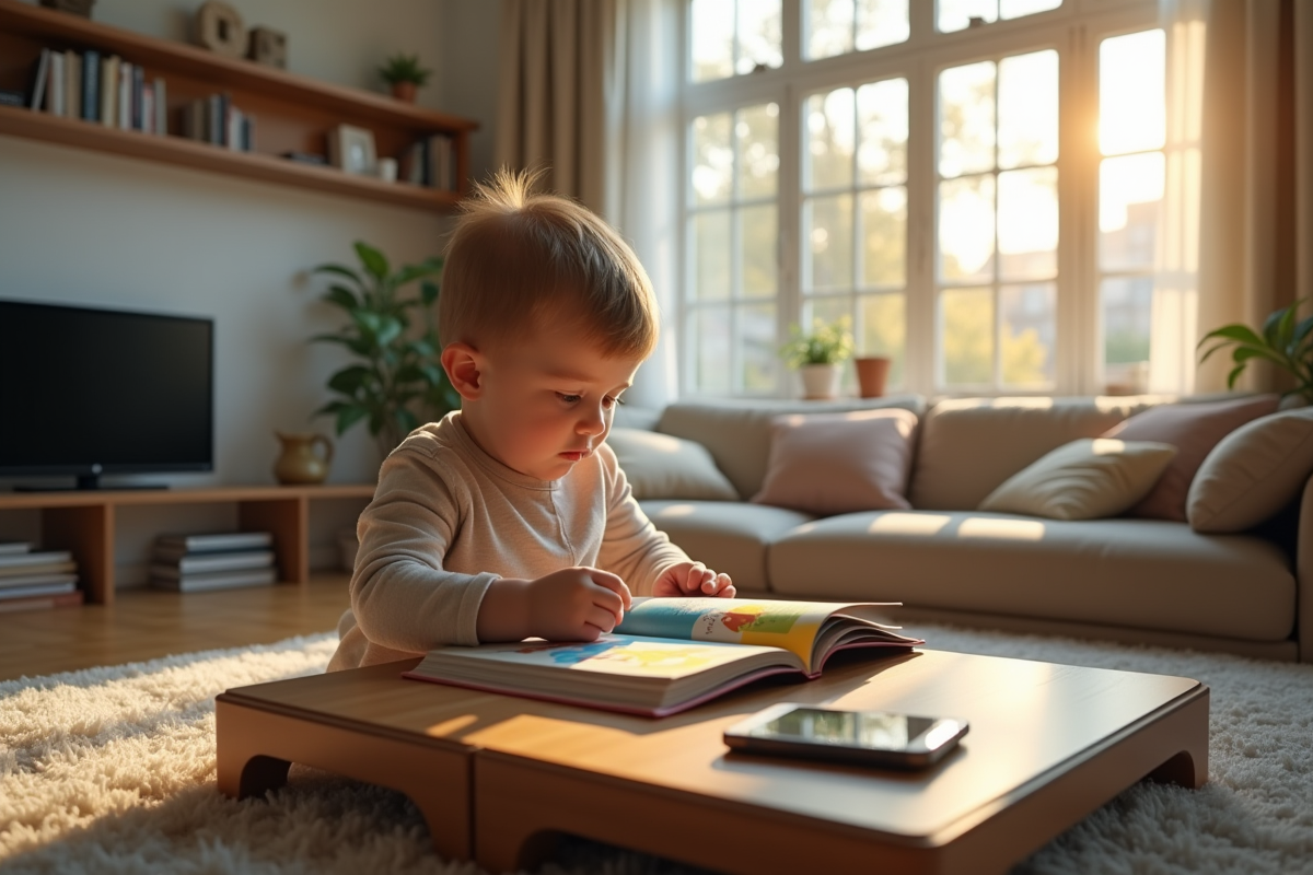 Enfant lisant un livre coloré dans un salon calme