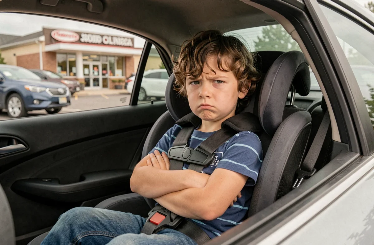 Jeune garçon assis dans son siège auto avec une expression de refus, bras croisés, vu depuis l'extérieur du véhicule
