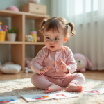Bébé : quel âge pour parler correctement ? Petite fille curieuse pointant des cartes dans un coin jeu