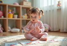 Bébé : quel âge pour parler correctement ? Petite fille curieuse pointant des cartes dans un coin jeu