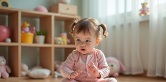 Bébé : quel âge pour parler correctement ? Petite fille curieuse pointant des cartes dans un coin jeu