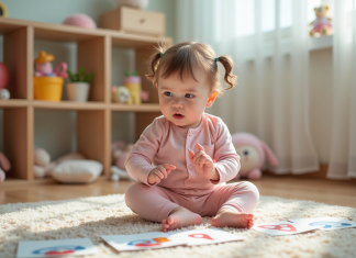 Bébé : quel âge pour parler correctement ? Petite fille curieuse pointant des cartes dans un coin jeu