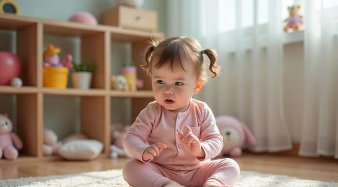 Bébé : quel âge pour parler correctement ? Petite fille curieuse pointant des cartes dans un coin jeu