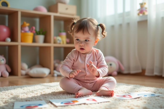 Petite fille curieuse pointant des cartes dans un coin jeu