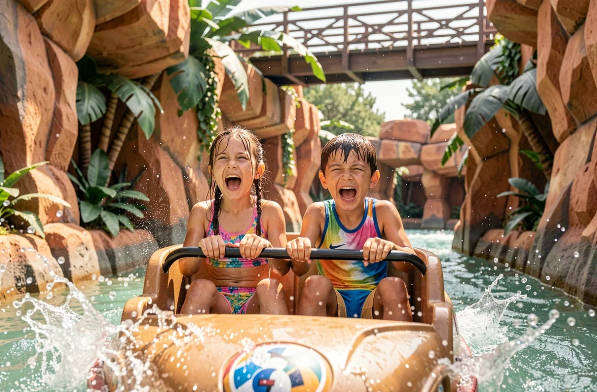 Enfants trempés et hilares sur une attraction aquatique à Walibi Rhône-Alpes, eau qui éclabousse autour d'eux