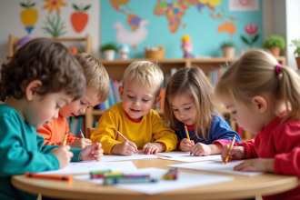 Groupe d'enfants en classe dessinant avec des crayons colorés