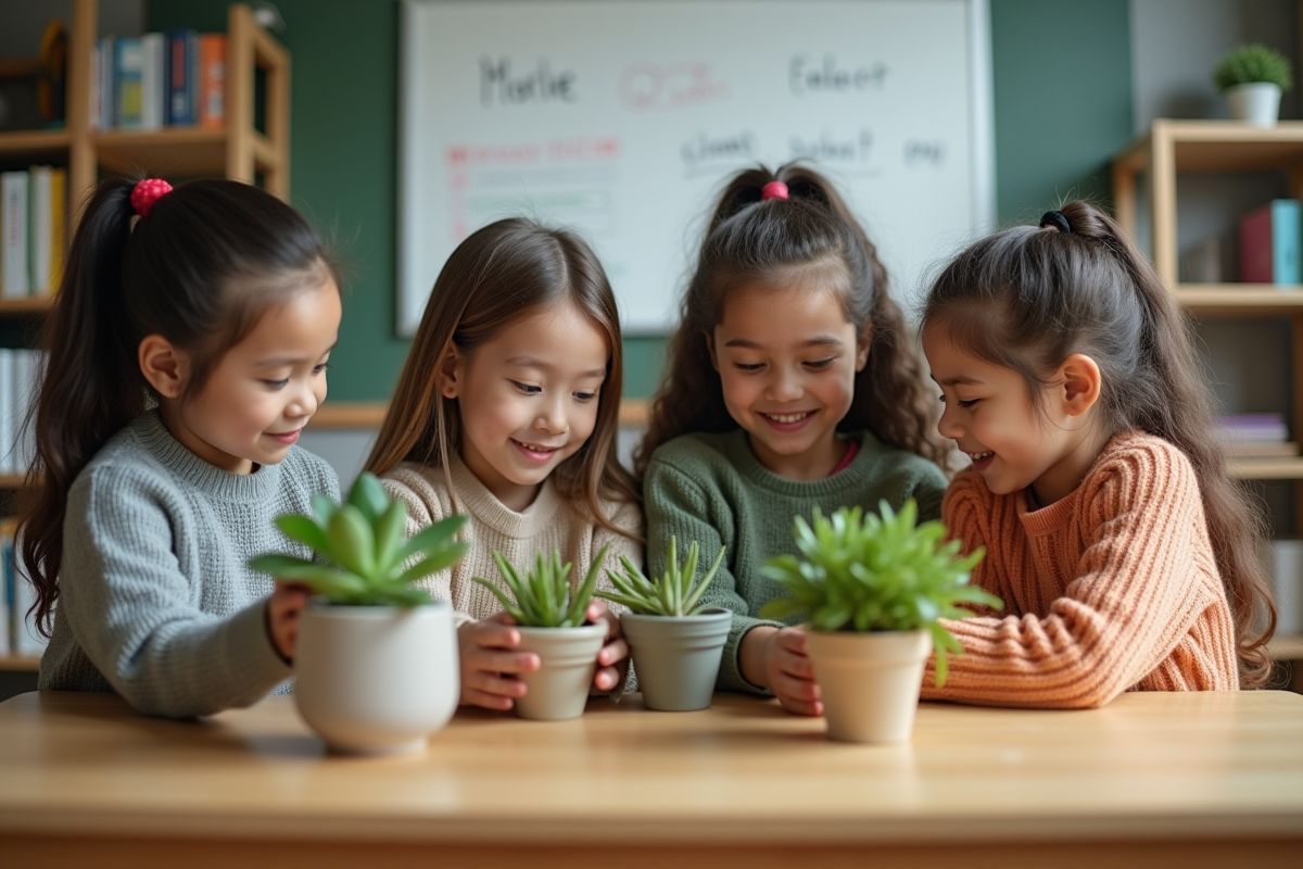 Enfants découvrant des plantes dans une classe moderne
