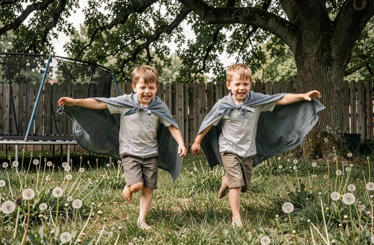 Deux jeunes garçons courant dans le jardin avec des capes de super-héros en draps, scène tendre et drôle de l'enfance au quotidien