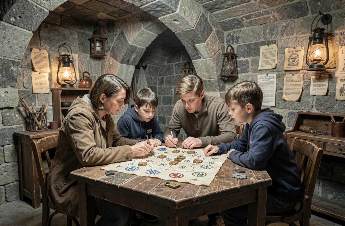 Famille résolvant des énigmes dans une salle de jeu immersive à Enigmaparc
