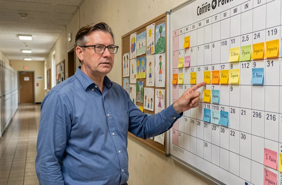 Enseignant pointant un calendrier scolaire affiché dans un couloir d'école avec semaines paires et impaires marquées