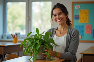 Enseignante arrange une plante verte dans une classe