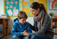 Enfant tapé à l’école : réactions constructives pour intervenir efficacement Enseignante réconfortant un élève en classe