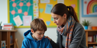 Enfant tapé à l’école : réactions constructives pour intervenir efficacement Enseignante réconfortant un élève en classe