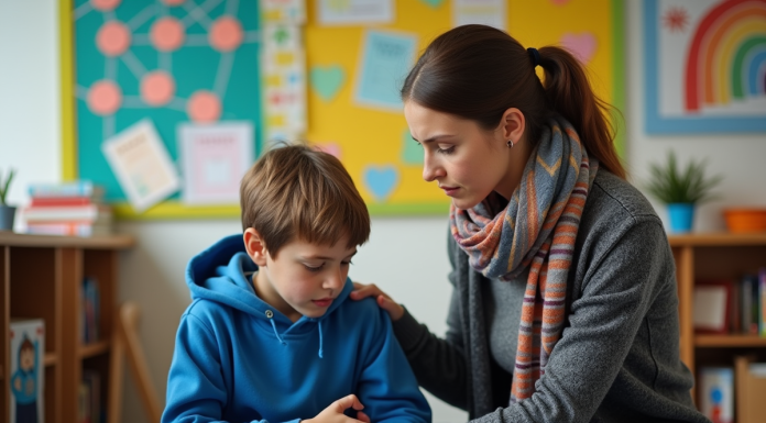 Enseignante réconfortant un élève en classe