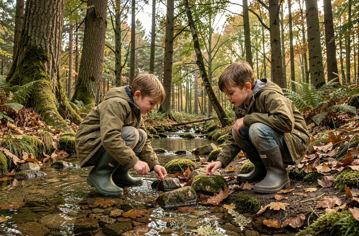 Deux enfants explorant la nature en forêt à l'Espace Rambouillet dans les Yvelines