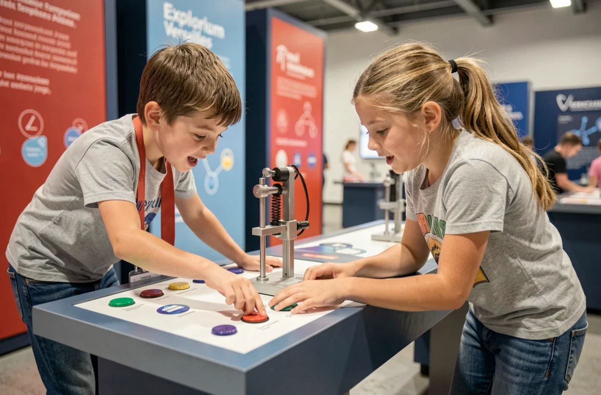 Enfants découvrant des expériences scientifiques interactives à l'Explorium de Versailles