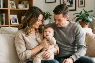 Famille adoptive unie dans un salon chaleureux, illustrant l'adoption ouverte et le nouveau départ familial en 2026
