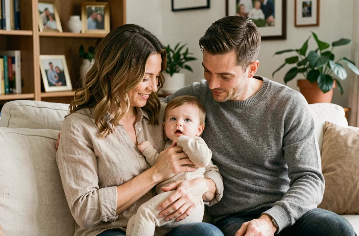 Famille adoptive unie dans un salon chaleureux, illustrant l'adoption ouverte et le nouveau départ familial en 2026